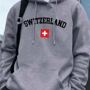İsviçre Bayrağı Baskılı Erkek Kapüşonlu Üstleri Sonbahar Cepli Sweatshirtler Temel Polar Sıca