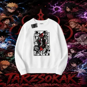 Itachi Uchiha Naruto Anime Karakteri Oversize Unisex Bisiklet Yaka Sweatshirt Beyaz