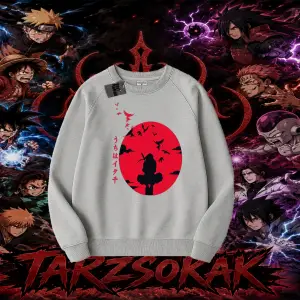 Itachi Uchiha Naruto Anime Karakteri Oversize Unisex Bisiklet Yaka Sweatshirt Beyaz