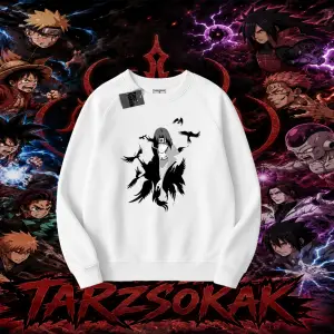 Itachi Uchiha Naruto Anime Karakteri Oversize Unisex Bisiklet Yaka Sweatshirt Beyaz