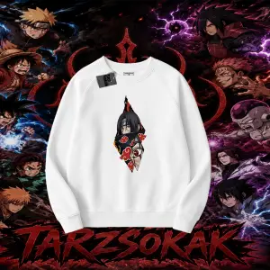 Itachi Uchiha Naruto Anime Karakteri Oversize Unisex Bisiklet Yaka Sweatshirt Beyaz