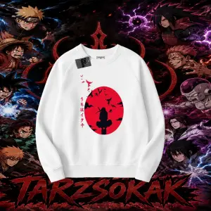 Itachi Uchiha Naruto Anime Karakteri Oversize Unisex Bisiklet Yaka Sweatshirt Beyaz