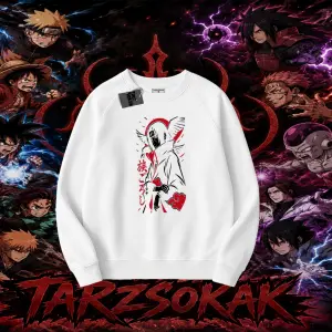 Itachi Uchiha Naruto Anime Karakteri Oversize Unisex Bisiklet Yaka Sweatshirt Beyaz