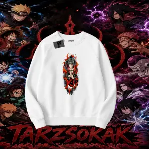 Itachi Uchiha Naruto Anime Karakteri Oversize Unisex Bisiklet Yaka Sweatshirt Beyaz
