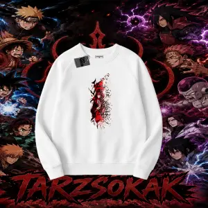 Itachi Uchiha Naruto Anime Karakteri Oversize Unisex Bisiklet Yaka Sweatshirt Beyaz