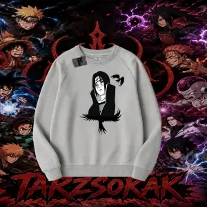 Itachi Uchiha Naruto Anime Karakteri Oversize Unisex Bisiklet Yaka Sweatshirt Beyaz