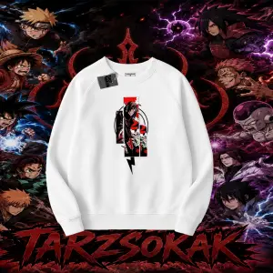 Itachi Uchiha Naruto Anime Karakteri Oversize Unisex Bisiklet Yaka Sweatshirt Beyaz