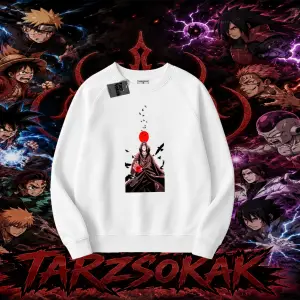 Itachi Uchiha Naruto Anime Karakteri Oversize Unisex Bisiklet Yaka Sweatshirt Beyaz