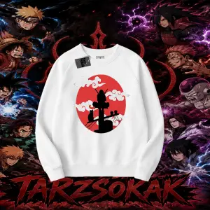 Itachi Uchiha Naruto Anime Karakteri Oversize Unisex Bisiklet Yaka Sweatshirt Beyaz