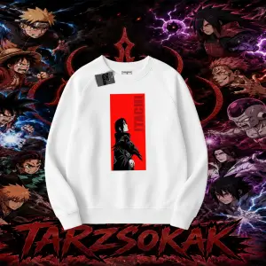 Itachi Uchiha Naruto Anime Karakteri Oversize Unisex Bisiklet Yaka Sweatshirt Beyaz