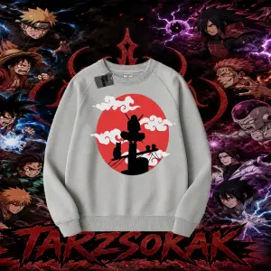 Itachi Uchiha Naruto Anime Karakteri Oversize Unisex Bisiklet Yaka Sweatshirt Beyaz