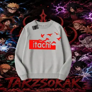 Itachi Uchiha Naruto Anime Karakteri Oversize Unisex Bisiklet Yaka Sweatshirt Beyaz