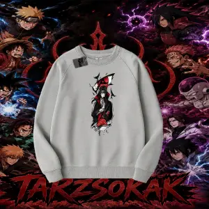 Itachi Uchiha Naruto Anime Karakteri Oversize Unisex Bisiklet Yaka Sweatshirt Beyaz