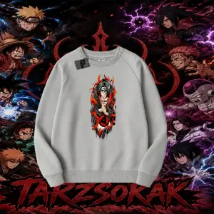 Itachi Uchiha Naruto Anime Karakteri Oversize Unisex Bisiklet Yaka Sweatshirt Beyaz