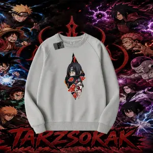 Itachi Uchiha Naruto Anime Karakteri Oversize Unisex Bisiklet Yaka Sweatshirt Beyaz