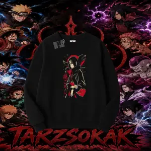 Itachi Uchiha Naruto Anime Karakteri Oversize Unisex Bisiklet Yaka Sweatshirt Beyaz