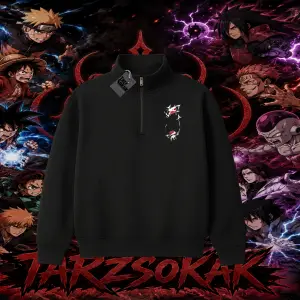 Itachi Uchiha Naruto Anime Karakteri Unisex Polo Yaka Yarım Fermuarlı Sweatshirt Beyaz