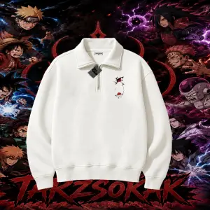 Itachi Uchiha Naruto Anime Karakteri Unisex Polo Yaka Yarım Fermuarlı Sweatshirt Beyaz