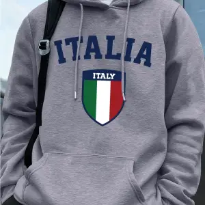 İtalya Bayrağı Baskılı Erkek Kapüşonlu Sweatshirtleri Sonbahar Kış Cepli Sweatshirtler Temel