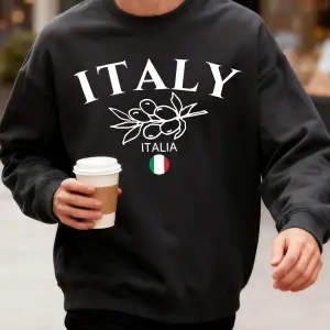 İtalya Zeytin Büyük Harf Desenli Erkek Sweatshirtü Bisiklet Yaka Oversize Kazak Sonbahar Moda