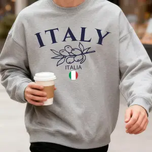 İtalya Zeytin Büyük Harf Desenli Erkek Sweatshirtü Bisiklet Yaka Oversize Kazak Sonbahar Moda