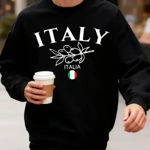 İtalya Zeytin Büyük Harf Desenli Erkek Sweatshirtü Bisiklet Yaka Oversize Kazak Sonbahar Moda