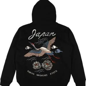 Japan Crane Siyah Oversize Unisex Kapüşonlu Sweatshirt Hoodie