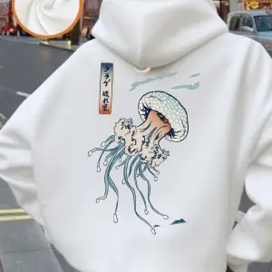 Japon Harajuku Denizanası Baskılar Hoodie Kadın Temelleri Sportif Kazak Sokak Cep Kazak Kış P