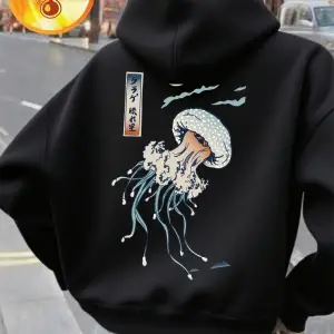 Japon Harajuku Denizanası Baskılar Hoodie Kadın Temelleri Sportif Kazak Sokak Cep Kazak Kış P