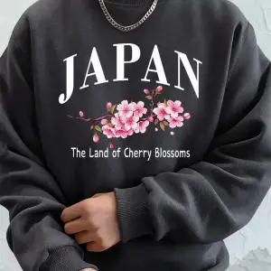 Japonya Kiraz Çiçekleri Ülkesi Baskılı Erkek Kapüşonlu Üstleri Sonbahar Bol Sweatshirt Temel