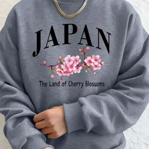 Japonya Kiraz Çiçekleri Ülkesi Baskılı Erkek Kapüşonlu Üstleri Sonbahar Bol Sweatshirt Temel