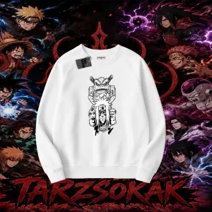 Jiraiya Naruto Anime Karakteri Oversize Unisex Bisiklet Yaka Sweatshirt Beyaz