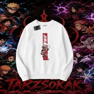 Jiraiya Naruto Anime Karakteri Oversize Unisex Bisiklet Yaka Sweatshirt Beyaz