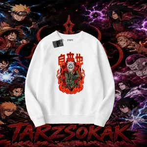 Jiraiya Naruto Anime Karakteri Oversize Unisex Bisiklet Yaka Sweatshirt Beyaz