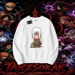 Jiraiya Naruto Anime Karakteri Oversize Unisex Bisiklet Yaka Sweatshirt Beyaz