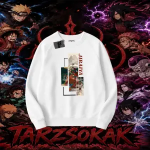 Jiraiya Naruto Anime Karakteri Oversize Unisex Bisiklet Yaka Sweatshirt Beyaz