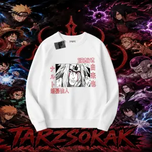 Jiraiya Naruto Anime Karakteri Oversize Unisex Bisiklet Yaka Sweatshirt Beyaz