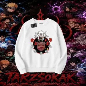 Jiraiya Naruto Anime Karakteri Oversize Unisex Bisiklet Yaka Sweatshirt Beyaz