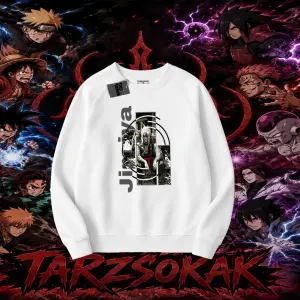 Jiraiya Naruto Anime Karakteri Oversize Unisex Bisiklet Yaka Sweatshirt Beyaz