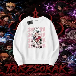 Jiraiya Naruto Anime Karakteri Oversize Unisex Bisiklet Yaka Sweatshirt Beyaz