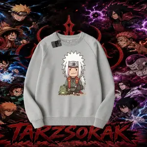 Jiraiya Naruto Anime Karakteri Oversize Unisex Bisiklet Yaka Sweatshirt Beyaz