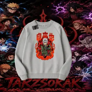 Jiraiya Naruto Anime Karakteri Oversize Unisex Bisiklet Yaka Sweatshirt Beyaz
