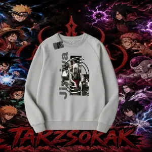 Jiraiya Naruto Anime Karakteri Oversize Unisex Bisiklet Yaka Sweatshirt Beyaz