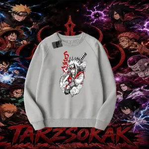 Jiraiya Naruto Anime Karakteri Oversize Unisex Bisiklet Yaka Sweatshirt Beyaz
