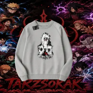 Jiraiya Naruto Anime Karakteri Oversize Unisex Bisiklet Yaka Sweatshirt Beyaz