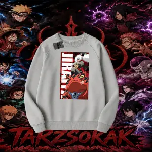 Jiraiya Naruto Anime Karakteri Oversize Unisex Bisiklet Yaka Sweatshirt Beyaz