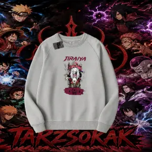 Jiraiya Naruto Anime Karakteri Oversize Unisex Bisiklet Yaka Sweatshirt Beyaz