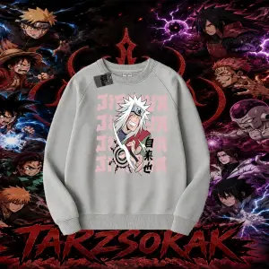 Jiraiya Naruto Anime Karakteri Oversize Unisex Bisiklet Yaka Sweatshirt Beyaz