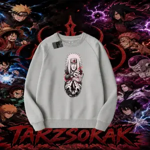 Jiraiya Naruto Anime Karakteri Oversize Unisex Bisiklet Yaka Sweatshirt Beyaz