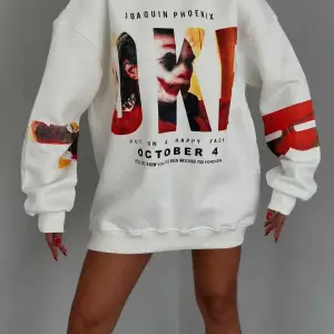 Joker Renkli Oversize Bisiklet Yaka Pamuklu Sweatshirt Beyaz